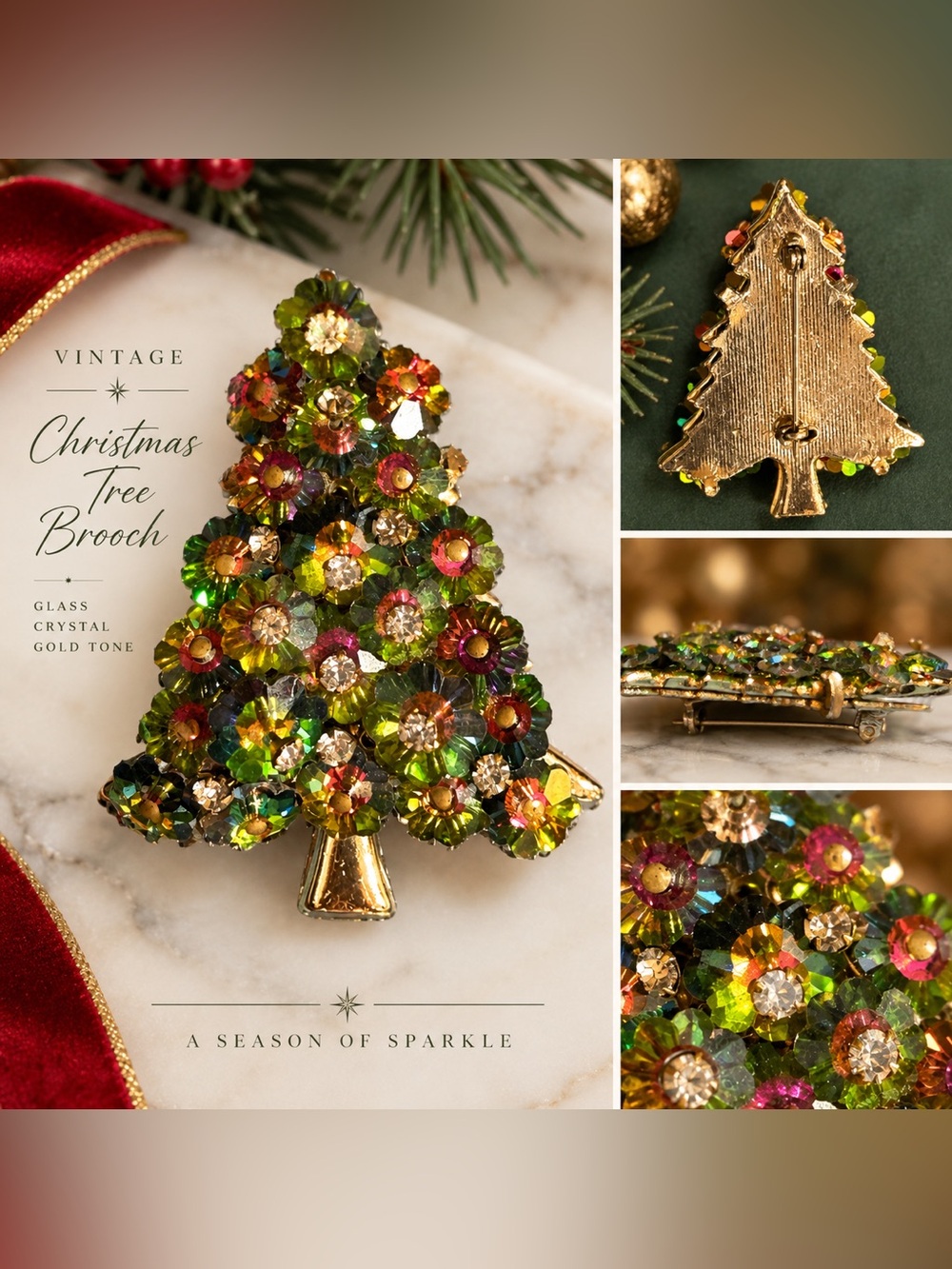Vintage Margarita Multicolor Crystal Christmas Tree Brooch